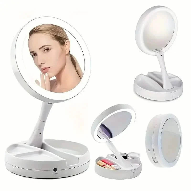 Foldable LED Vanity Mirror With Storage Box, Double-sided 1X & 10X Magnifying Retractable Mirror