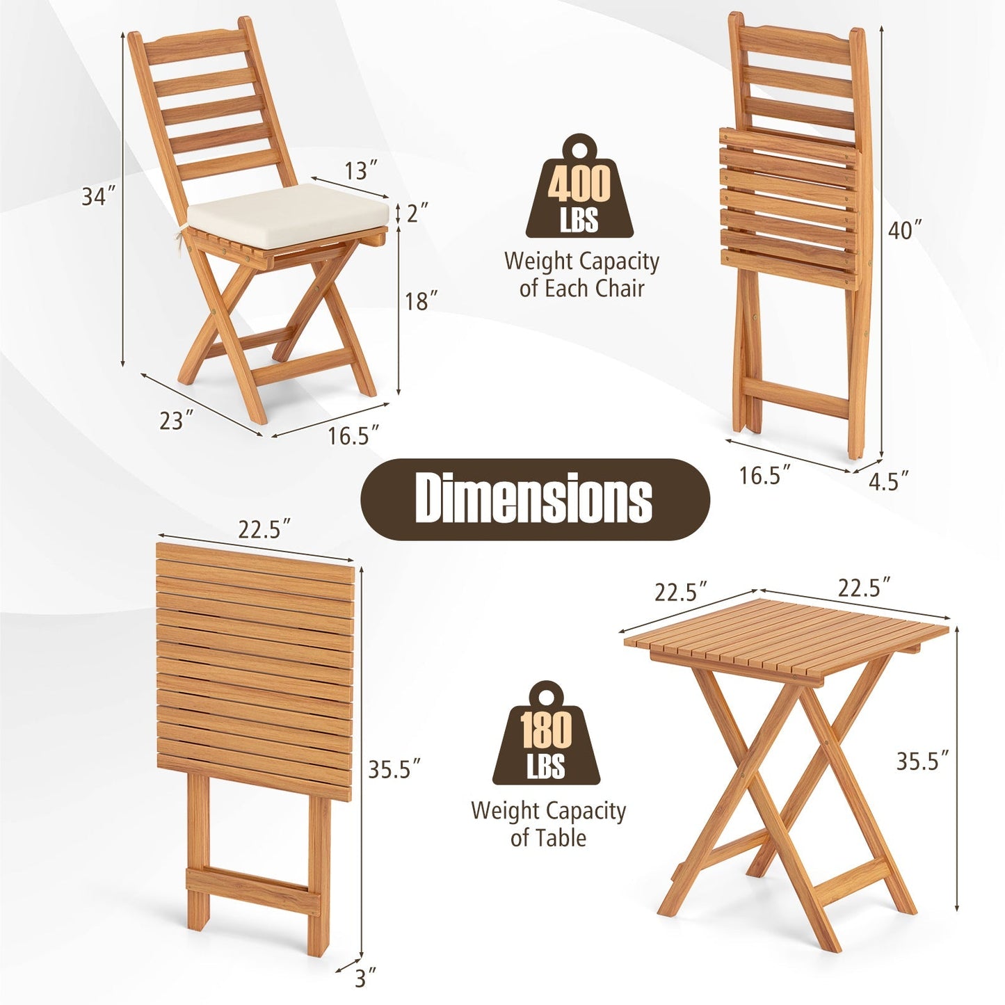 Folding Chair Table Set with Soft Seat Cushions and Table-White