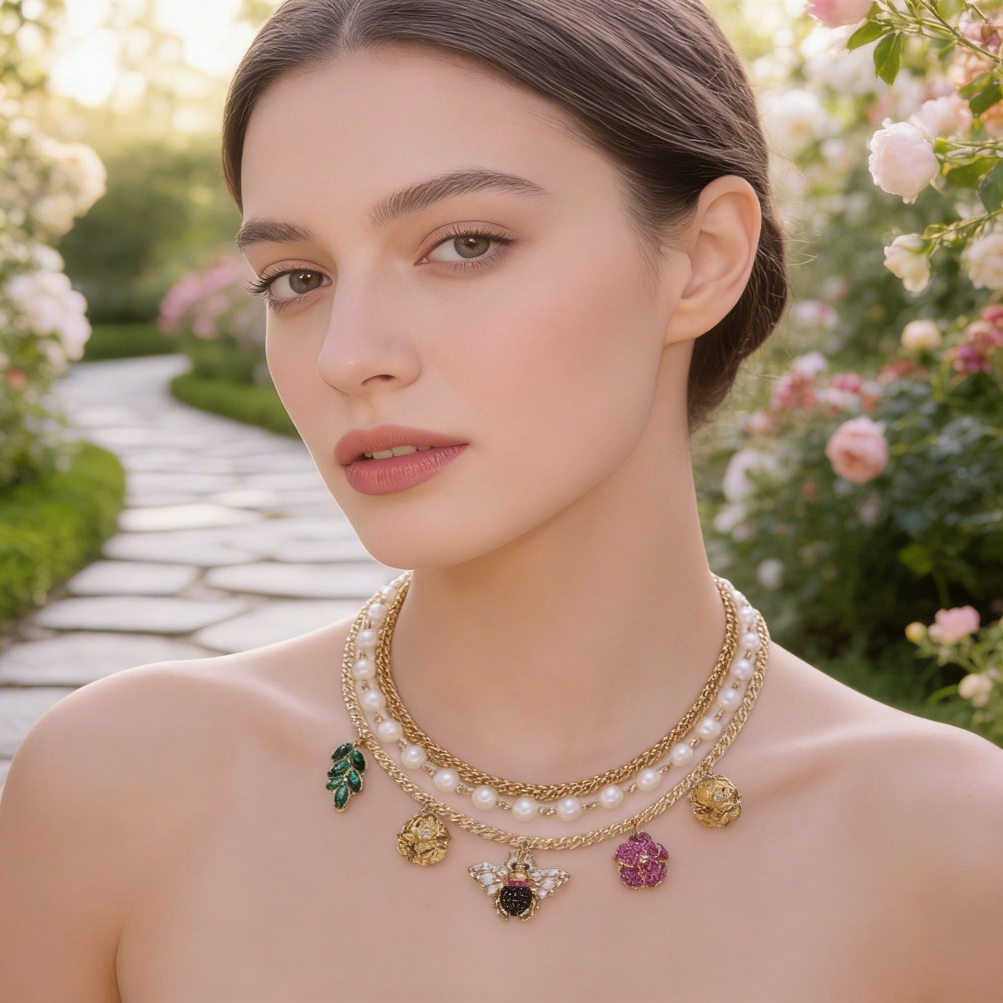 Thalia Sodi Gold-Tone Crystal, Imitation Pearl Bee Multi-Charm Layered Necklace
