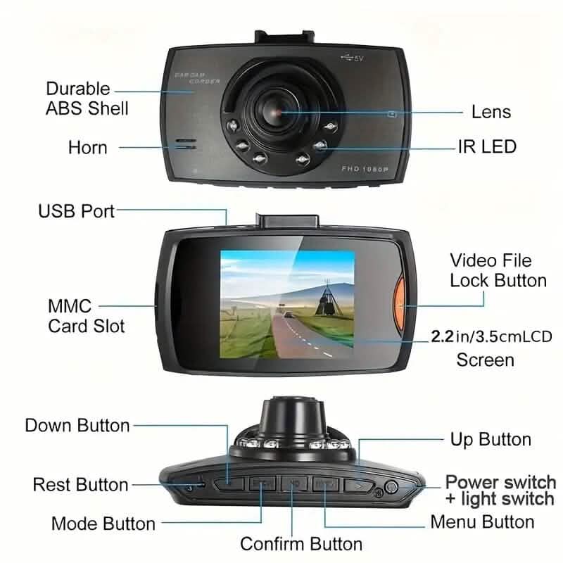 Full HD 1080P Camera Dash Cam with 140° Wide Angle View and IR Night Vision