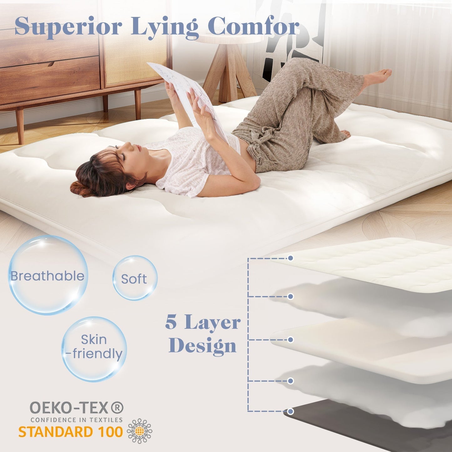 Queen/King/Twin/Full Futon Mattress Floor Sleeping Pad with Washable Cover Beige