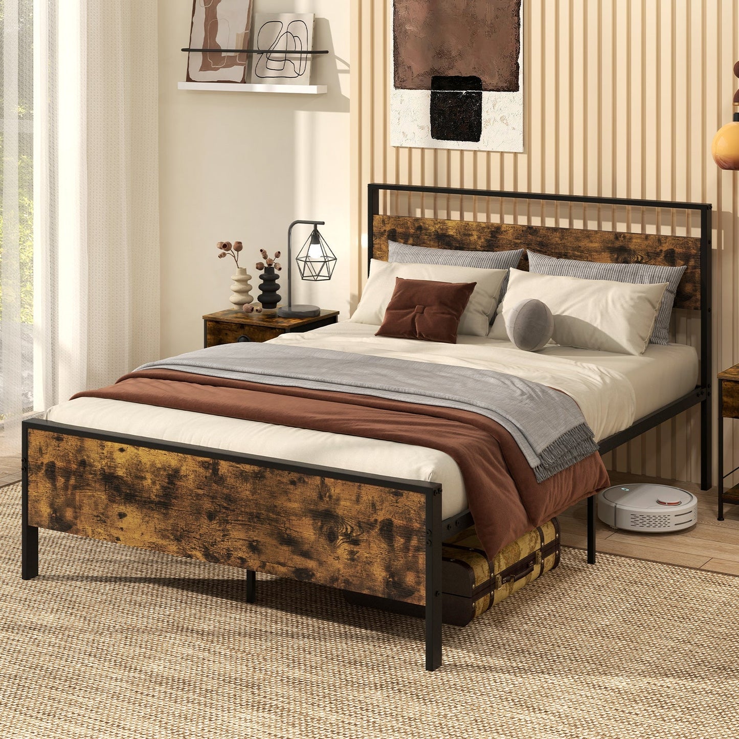 King Metal Bed Frame Industrial Platform Bed with Wooden Headboard