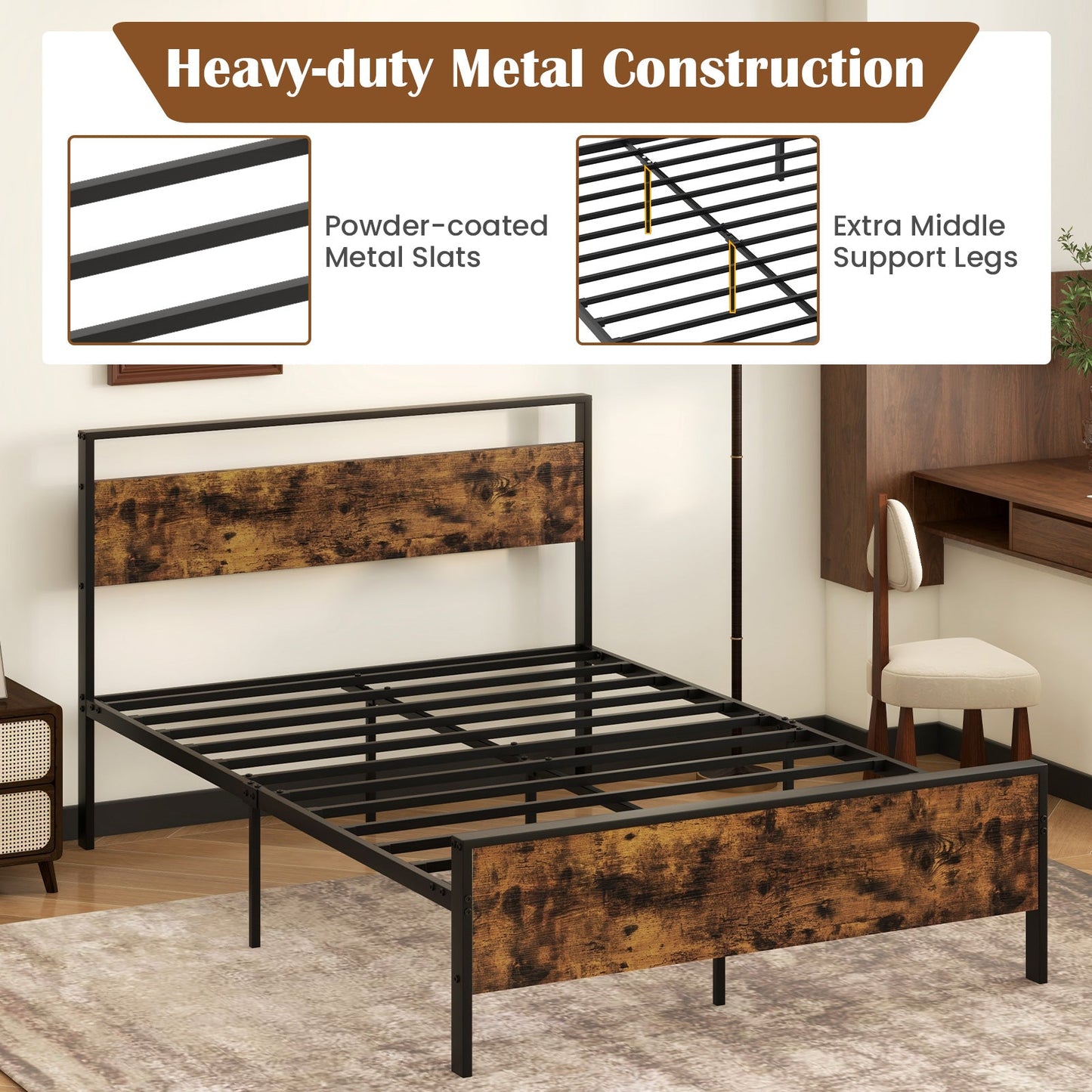 King Metal Bed Frame Industrial Platform Bed with Wooden Headboard