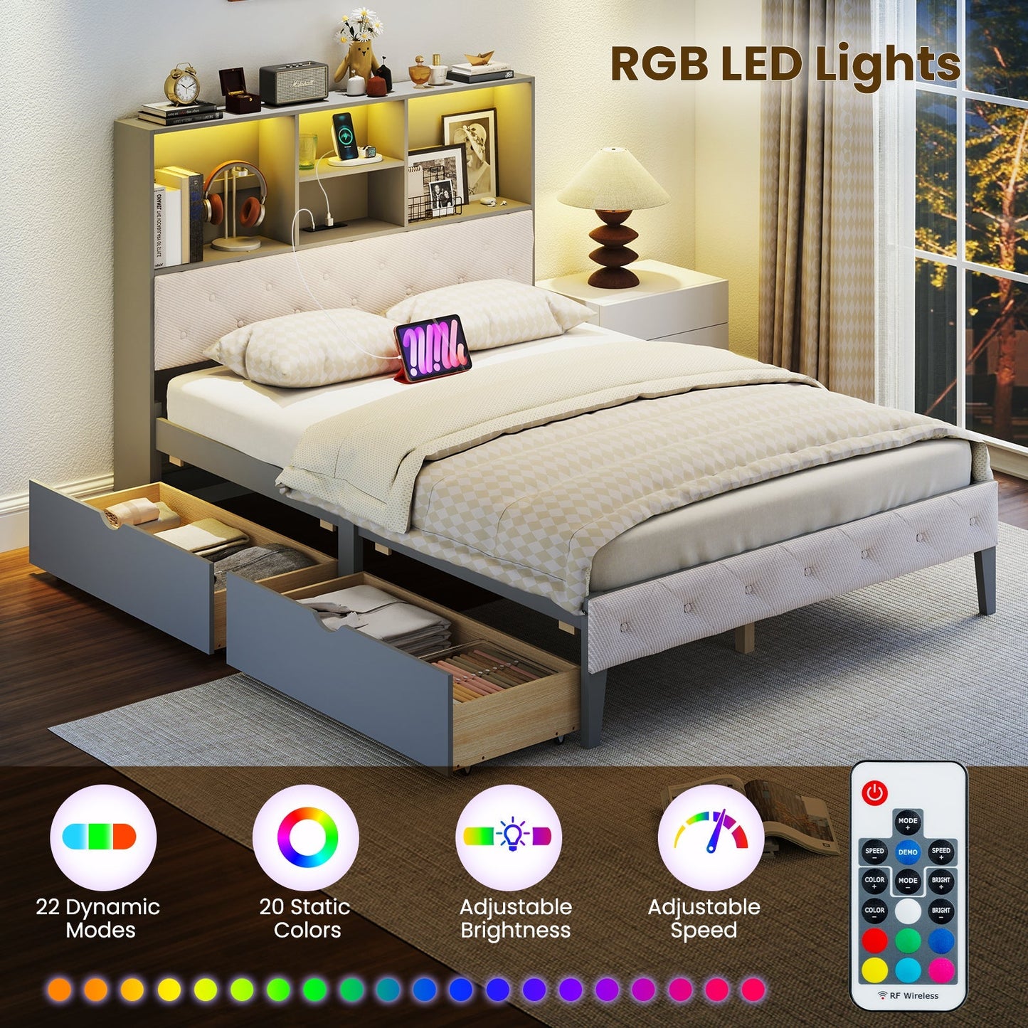 Full Size Bed Frame with Bookcase Headboard and LED Lights-Gray