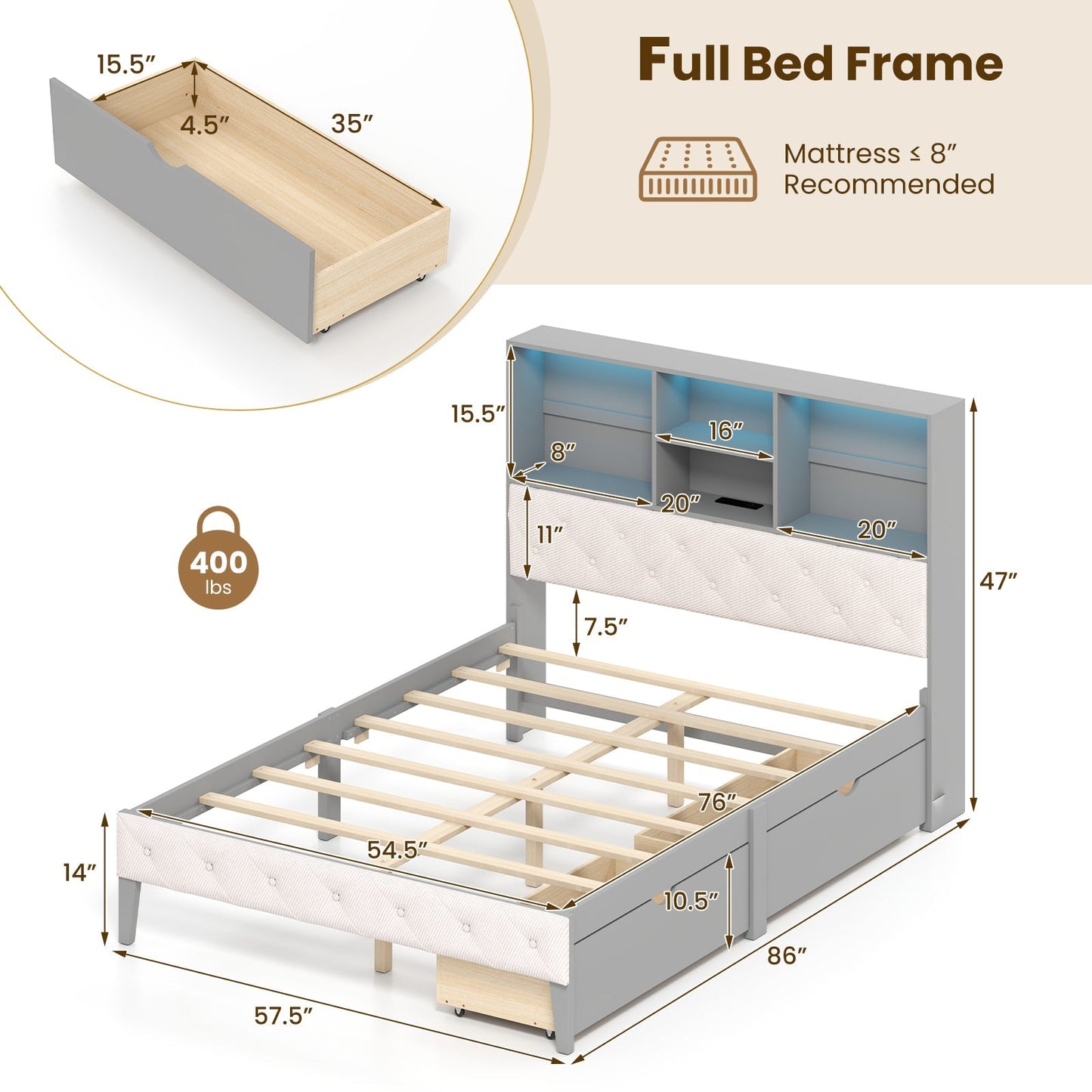 Full Size Bed Frame with Bookcase Headboard and LED Lights-Gray