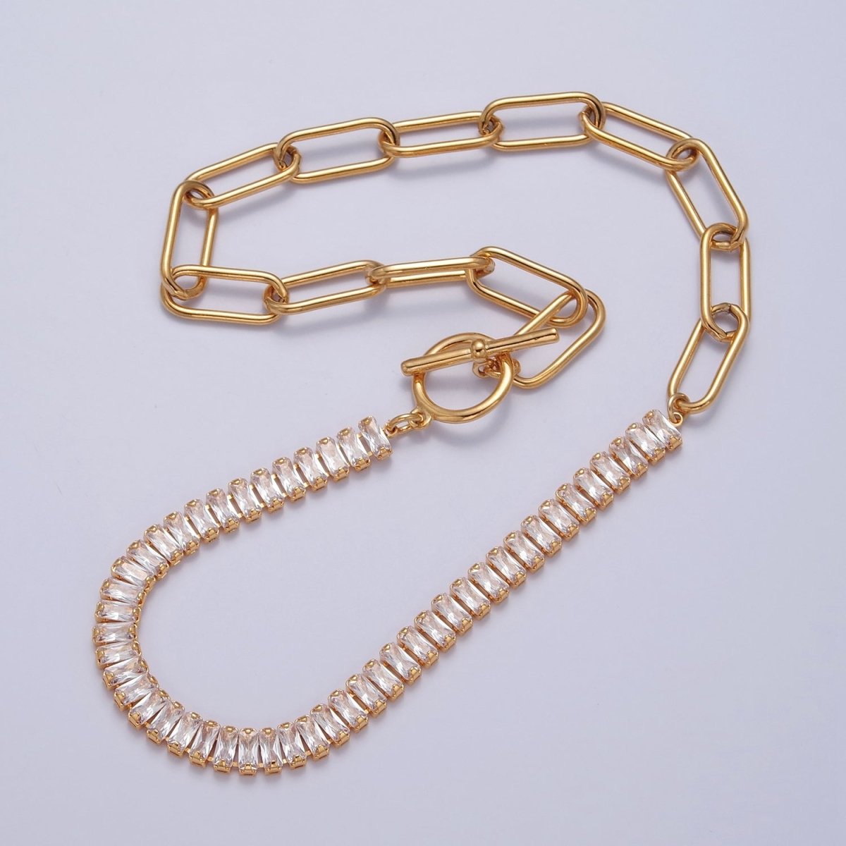 Fusion Necklace Half Baguette Tennis Chain, Half Paper Clip Chain, Statement 24K Gold Filled Necklace with Toggle | WA-945 WA-946 WA-949 WA-950 Clearance Pricing