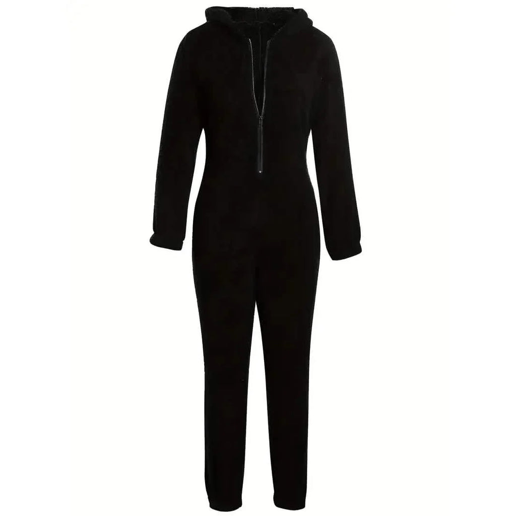 Fuzzy Hooded Pajama Jumpsuit For Music Festival, Long Sleeve Zipper Lingerie & Sleepwear