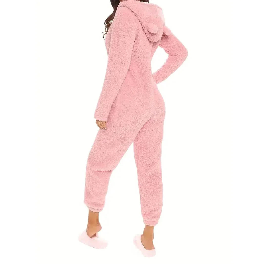 Fuzzy Hooded Pajama Jumpsuit For Music Festival, Long Sleeve Zipper Lingerie & Sleepwear