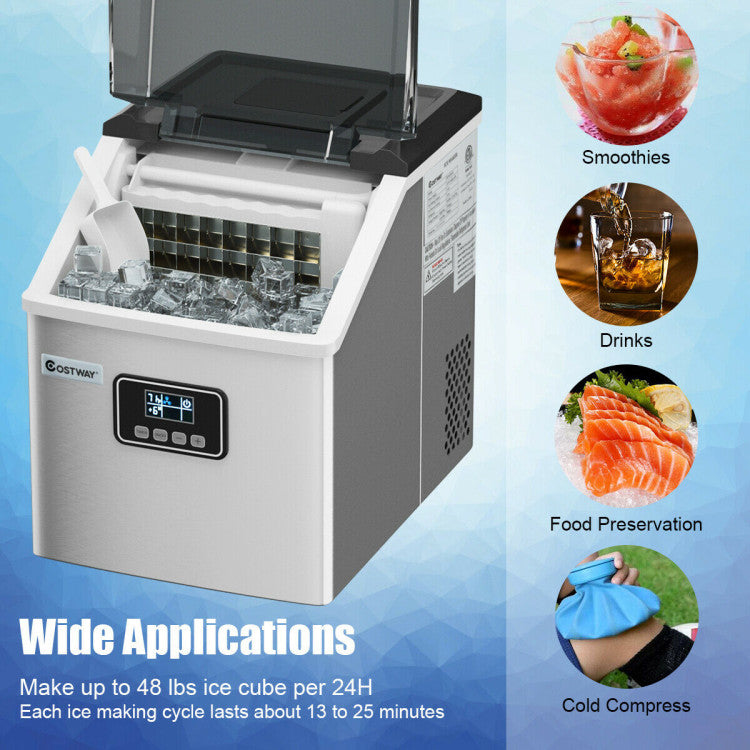 48lbs Stainless Ice Maker with LCD & Self-Cleaning