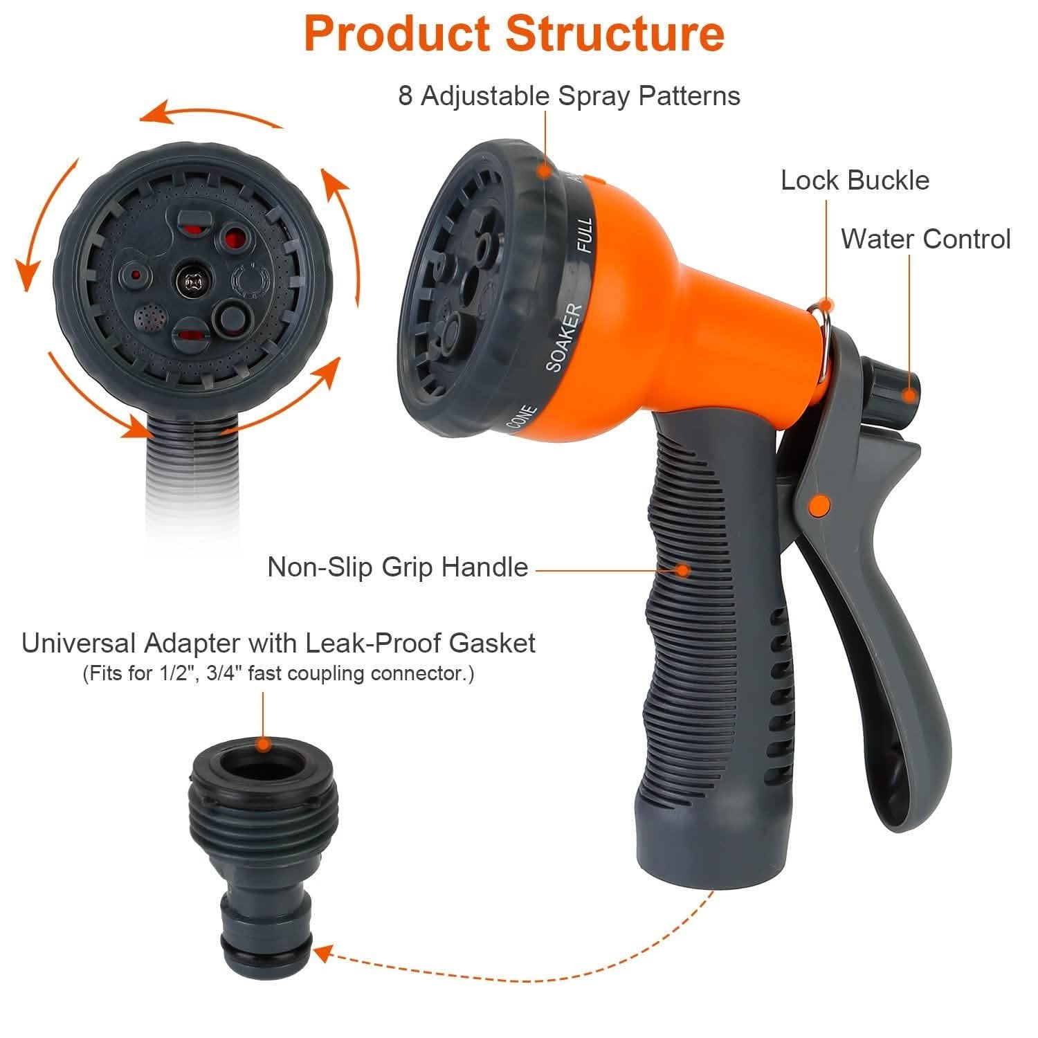 Pistolet d'arrosage pour tuyau d'arrosage, 8 modes réglables