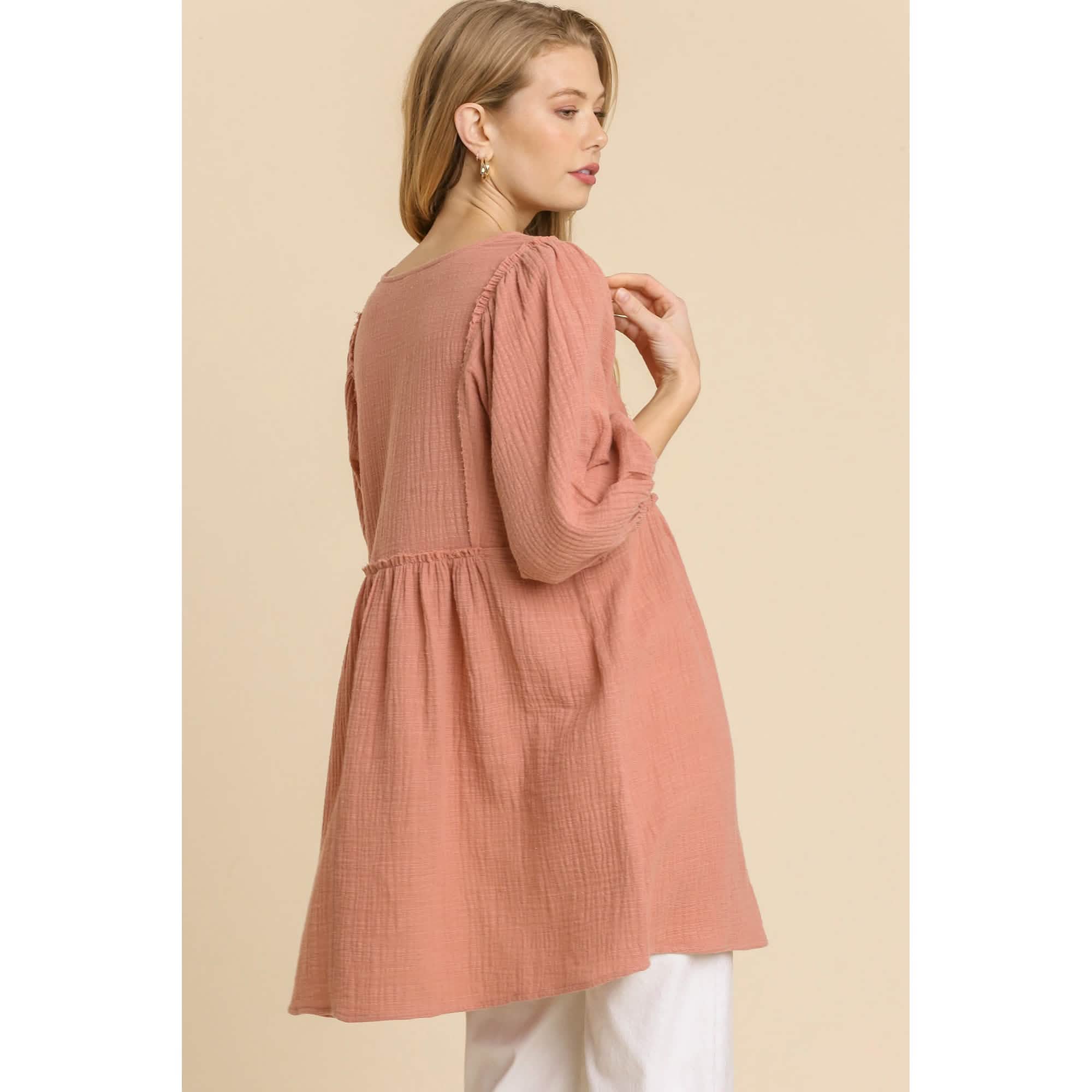 Gauze Slub V-neck Frayed Edge Detail Tunic Dress