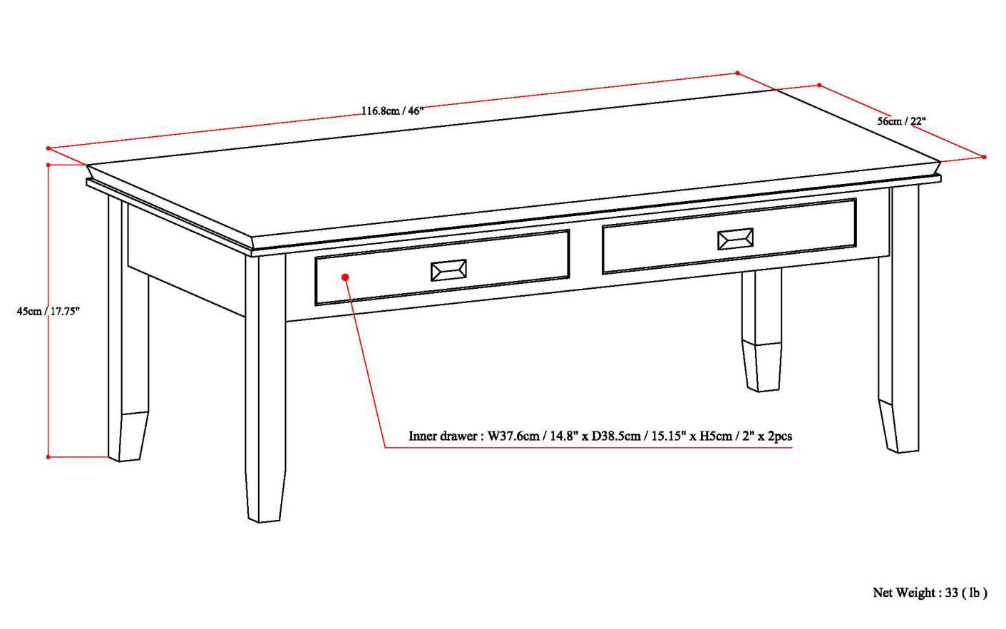 Artisan 46 Inch Wide Solid Wood Coffee Table in Russet