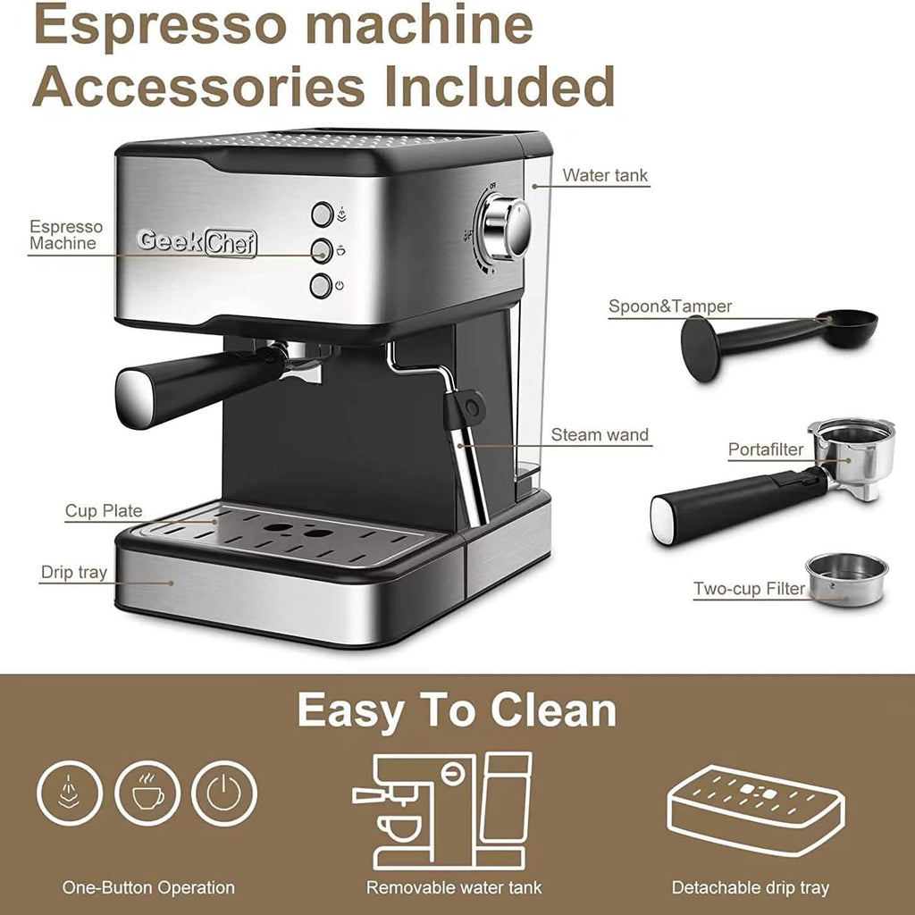 Geek Chef エスプレッソマシン コーヒー ミルクフォーマー スチームワンド付き