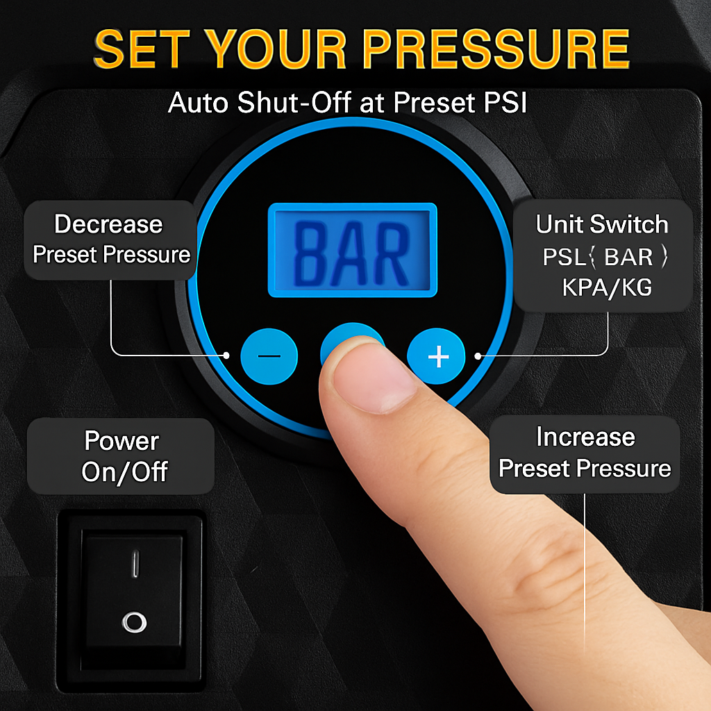 Tire Inflator with LCD Display for Quick Home Inflation