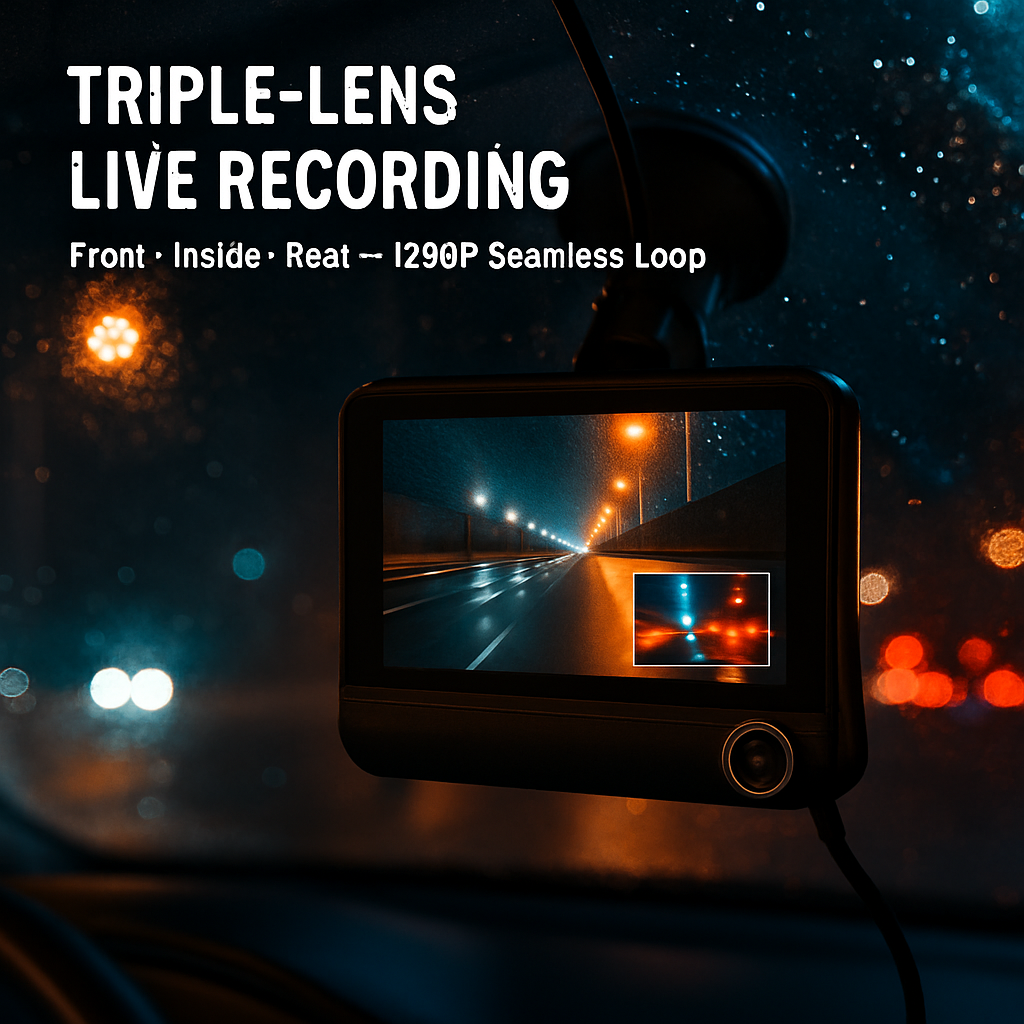 Car Dash Camera 3-Lens Front Inside Rear Recording