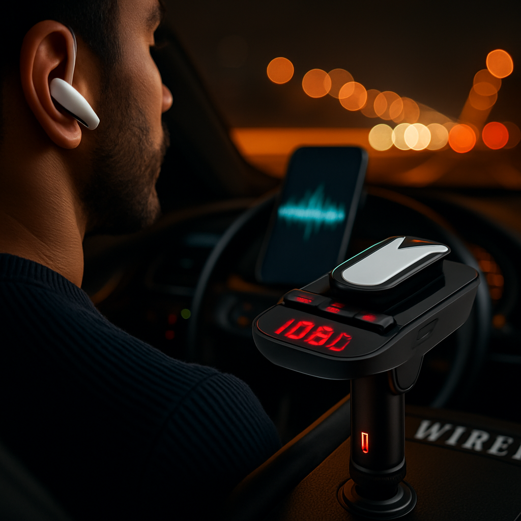 Car FM Transmitter with Wireless Earpiece for Hands-Free