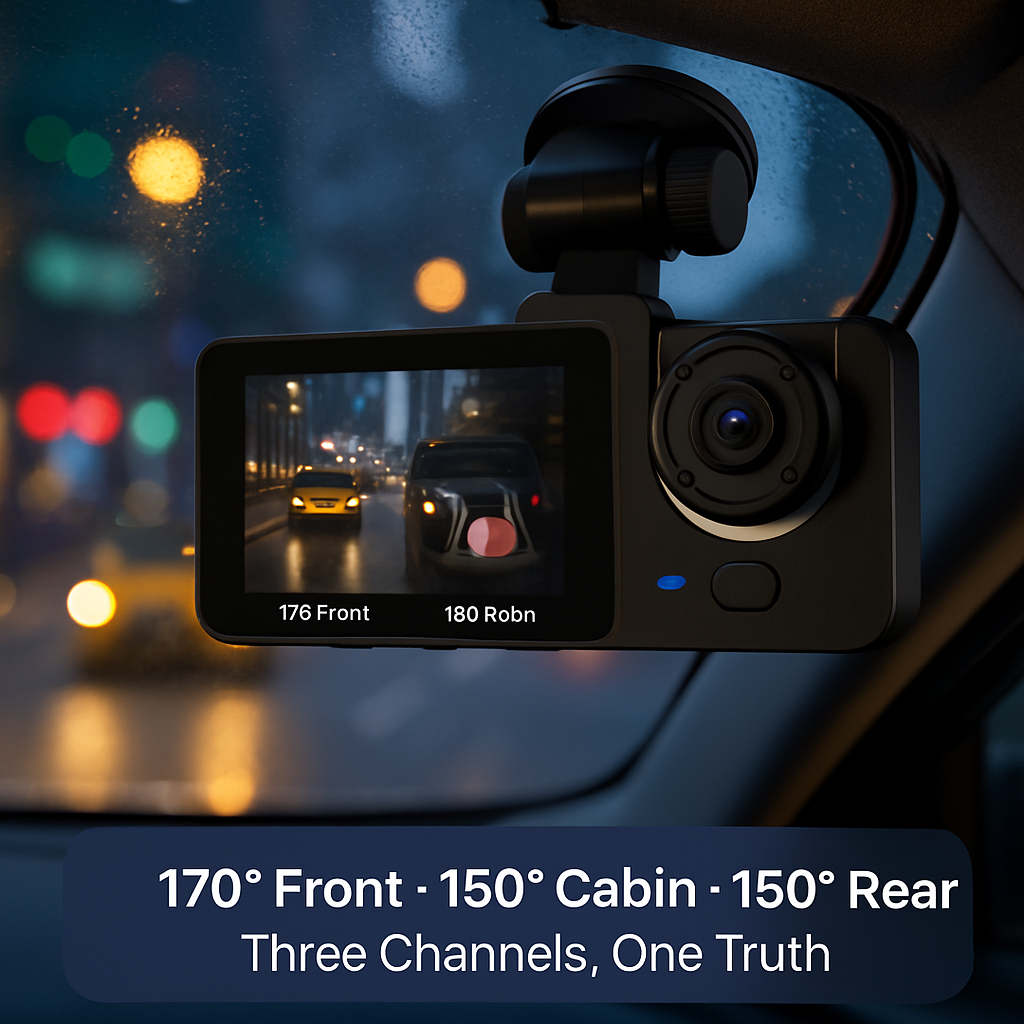 3-Channel Dash Cam Front Inside Rear Recording