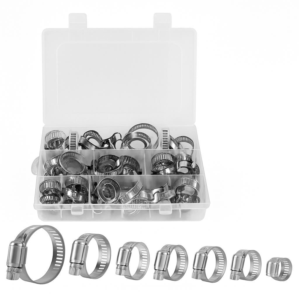Hose Clamp Set - Stainless Steel, 60-Piece Worm Gear