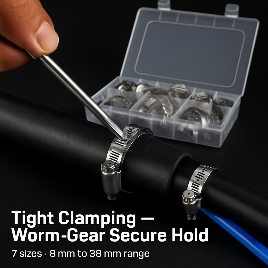 Hose Clamp Set - Stainless Steel, 60-Piece Worm Gear