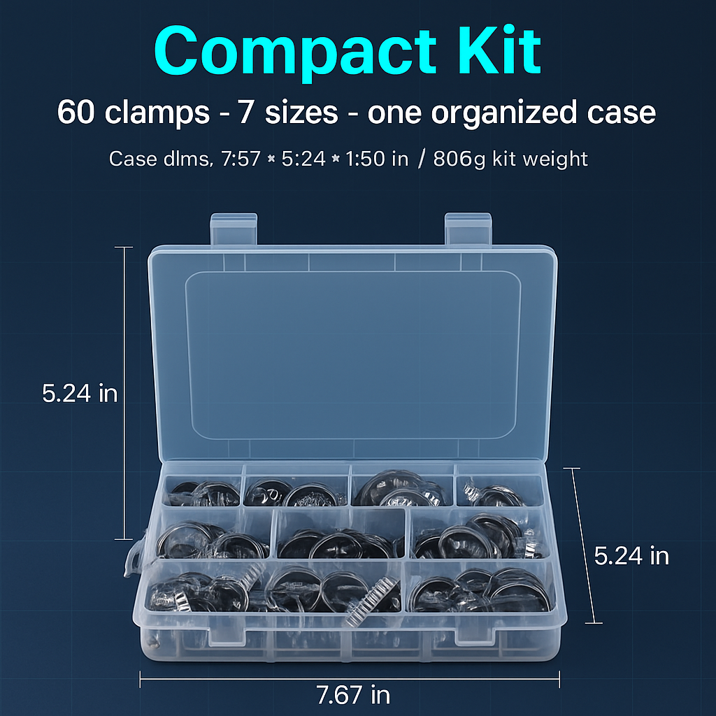 Hose Clamp Set - Stainless Steel, 60-Piece Worm Gear