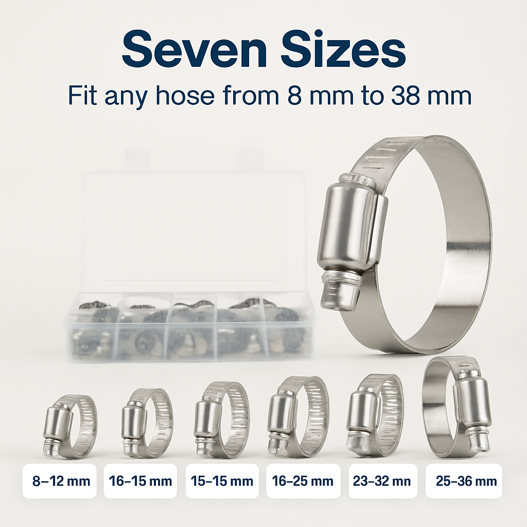 Hose Clamp Set - Stainless Steel, 60-Piece Worm Gear