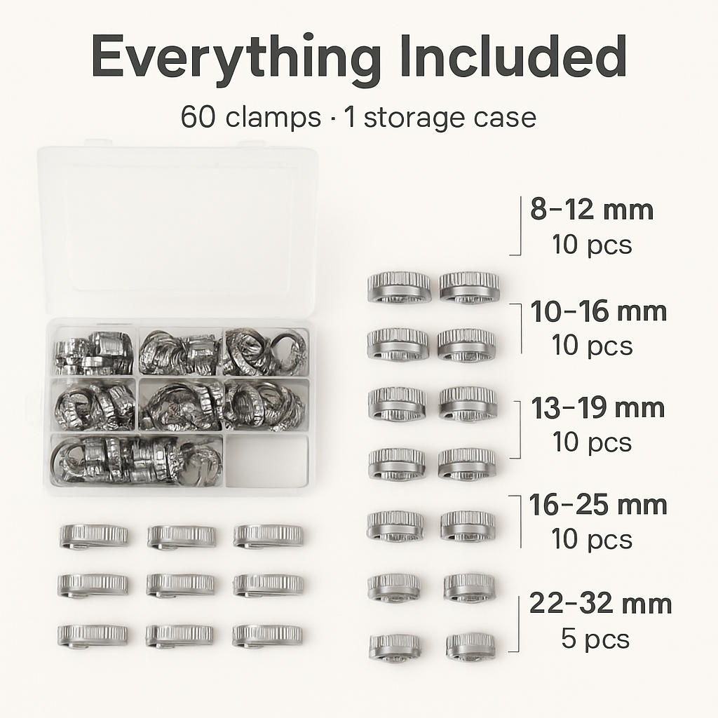 Hose Clamp Set - Stainless Steel, 60-Piece Worm Gear