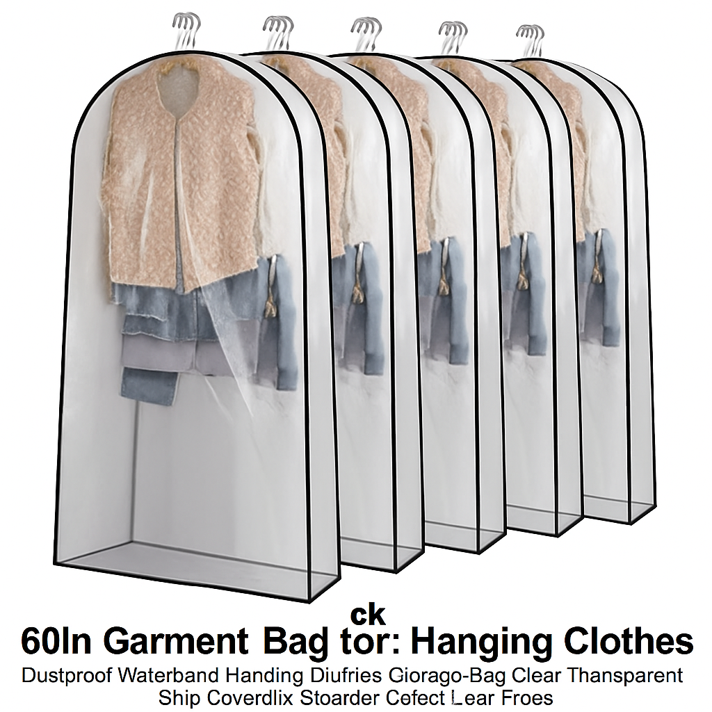 5 Pack 60In Garment Bag for Hanging Clothes Dustproof Waterproof Hanging Clothes Storage Bag Clear Transparent Suits Cover for Sweater Jacket Coat Dre