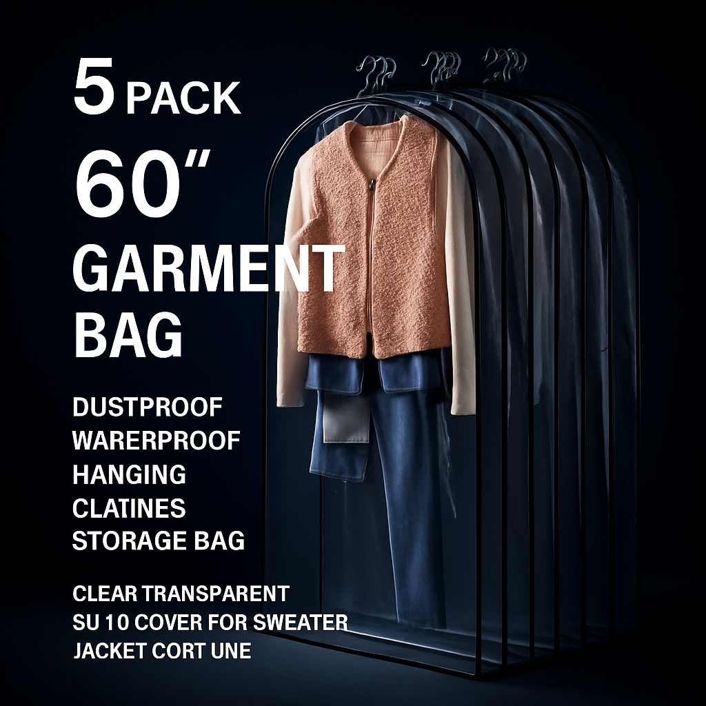 5 Pack 60In Garment Bag for Hanging Clothes Dustproof Waterproof Hanging Clothes Storage Bag Clear Transparent Suits Cover for Sweater Jacket Coat Dre