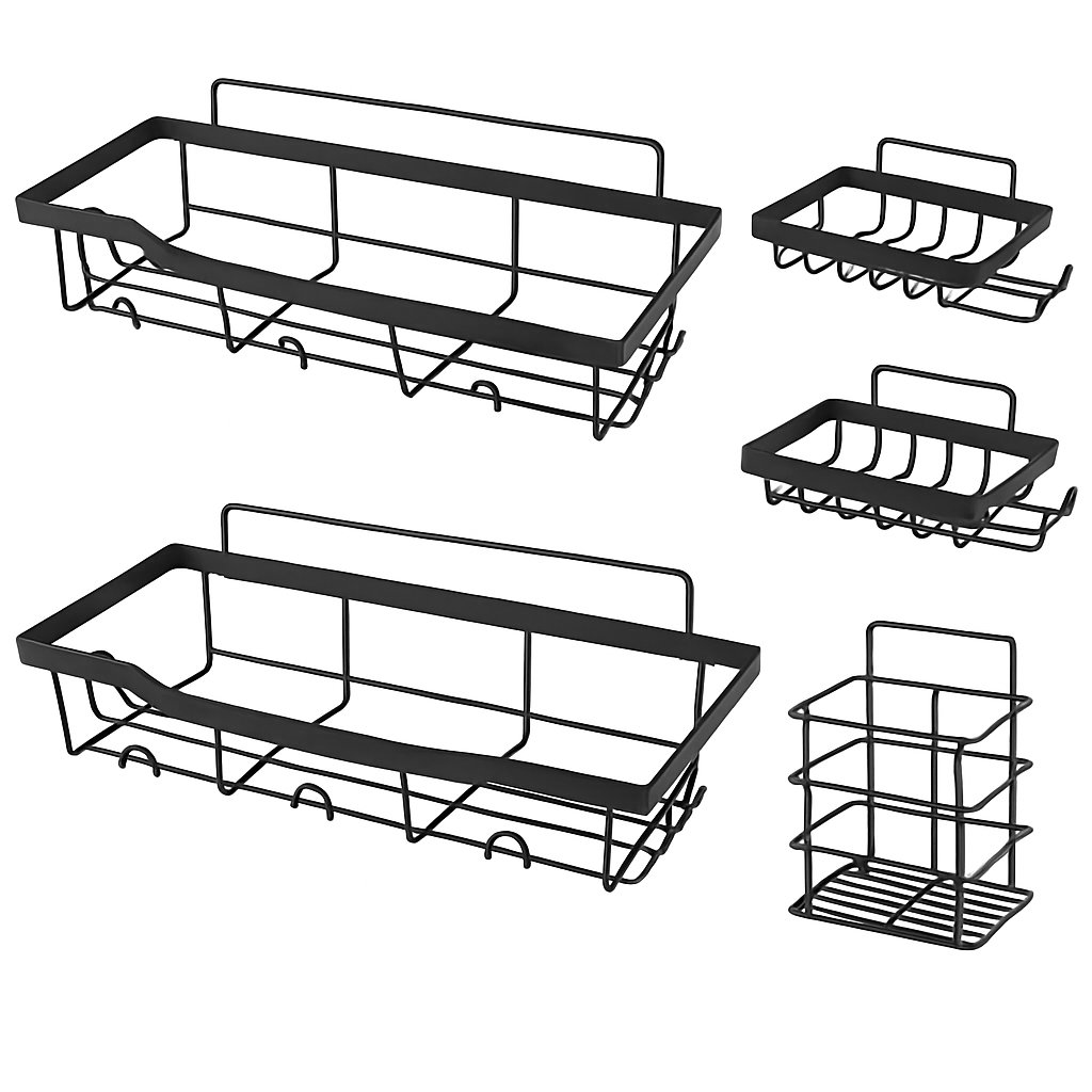 5 Pack Shower Caddy Shelves with 18 Inbuilt Hooks Rustproof Wall-Mounted Storage Shelves for Bathroom Dorm Kitchen Adhesive Bathroom Organizer for Sha