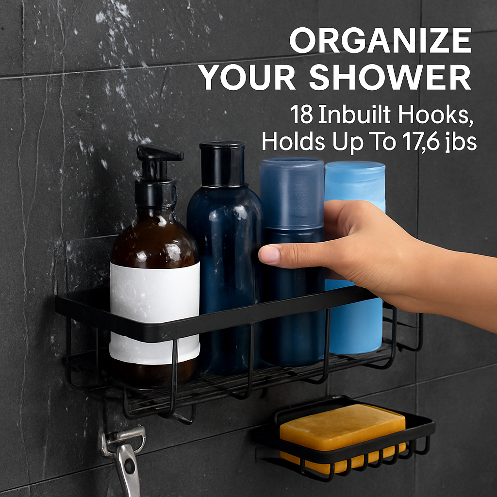 5 Pack Shower Caddy Shelves with 18 Inbuilt Hooks Rustproof Wall-Mounted Storage Shelves for Bathroom Dorm Kitchen Adhesive Bathroom Organizer for Sha