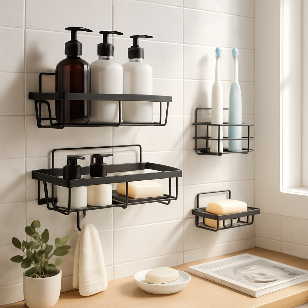5 Pack Shower Caddy Shelves with 18 Inbuilt Hooks Rustproof Wall-Mounted Storage Shelves for Bathroom Dorm Kitchen Adhesive Bathroom Organizer for Sha