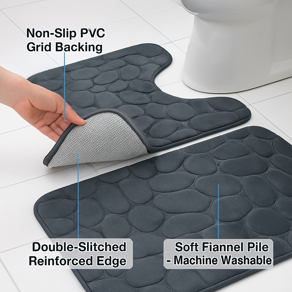 Pebble Pattern Bathroom Rugs Set with Non-Slip Backing