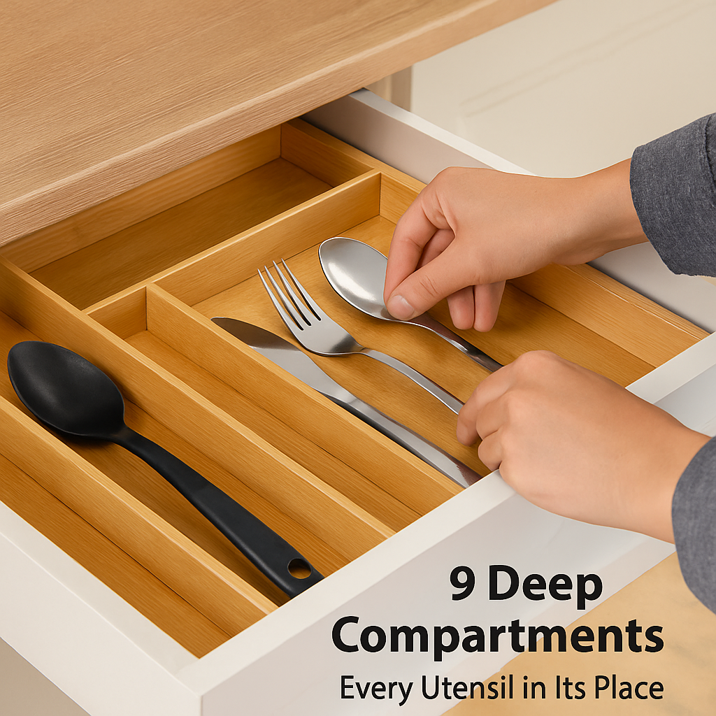 Bamboo Expandable Cutlery Tray Organizer with Dividers
