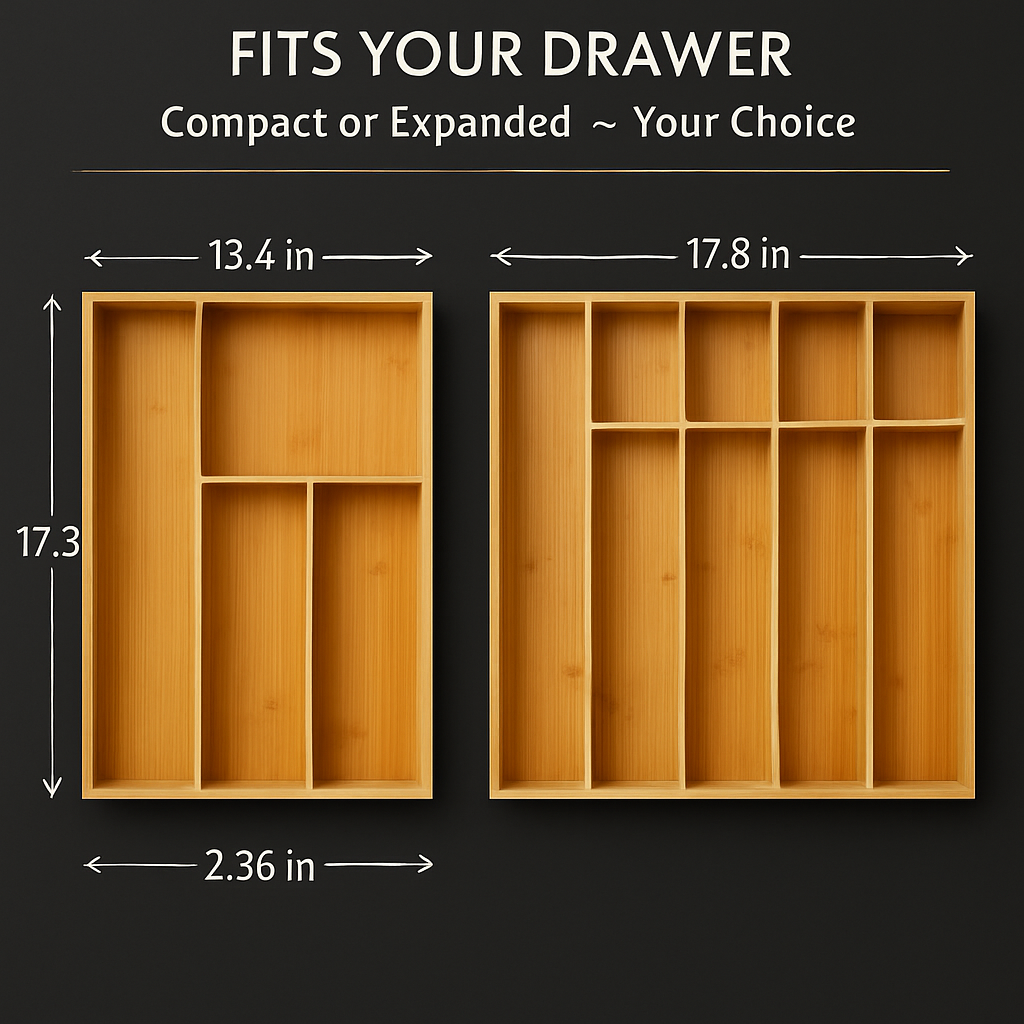 Bamboo Expandable Cutlery Tray Organizer with Dividers