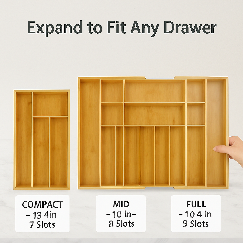 Bamboo Expandable Cutlery Tray Organizer with Dividers