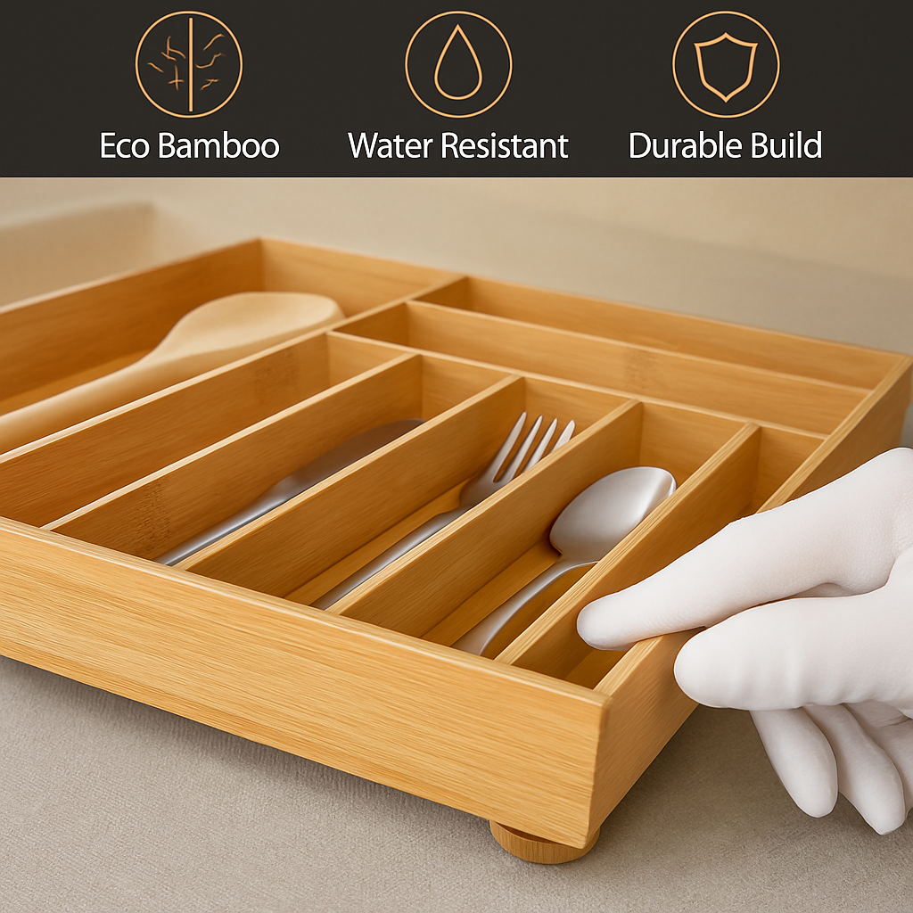 Bamboo Expandable Cutlery Tray Organizer with Dividers