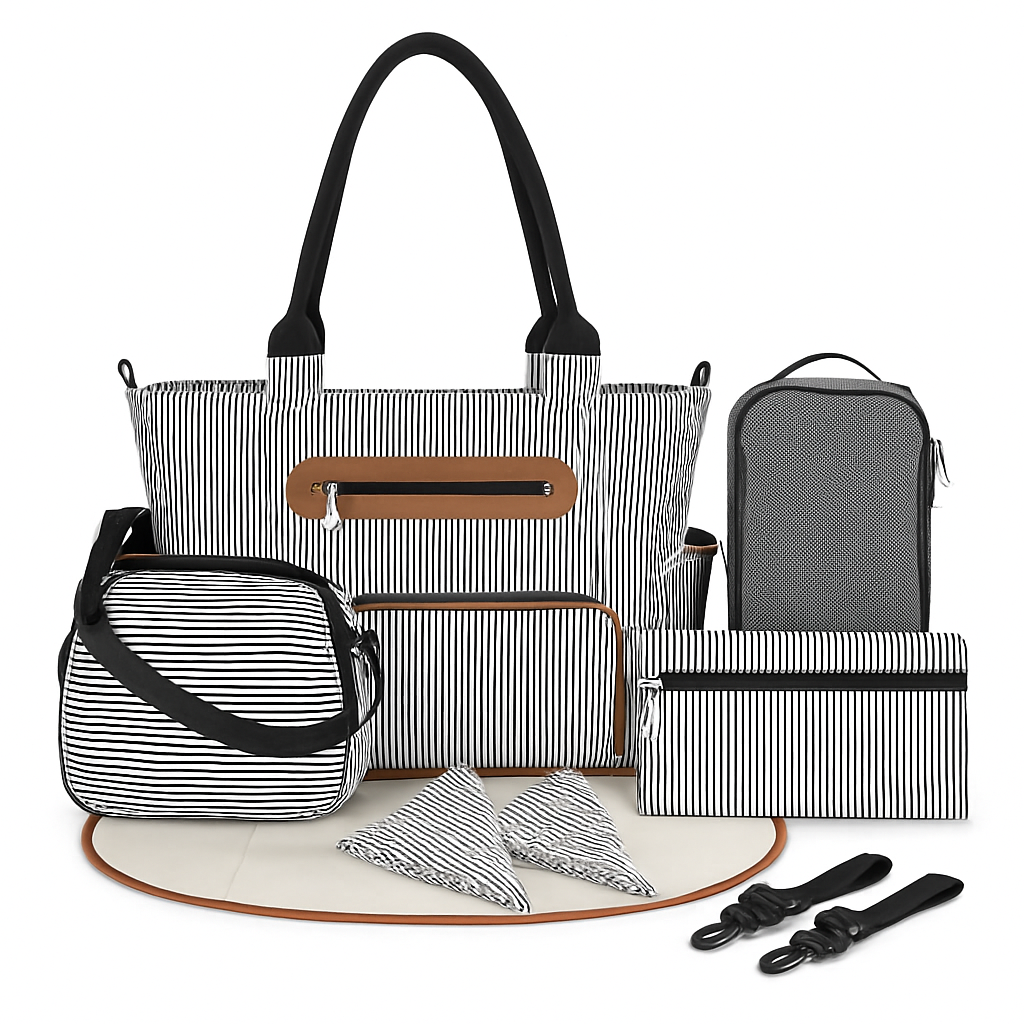 8Pcs Baby Nappy Diaper Bags Set with Bottle Bag & Purse