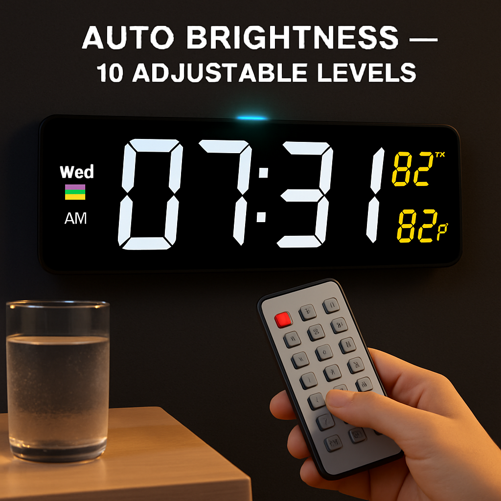 LED Digital Wall Clock with Remote - 12/24h, 3 Alarms