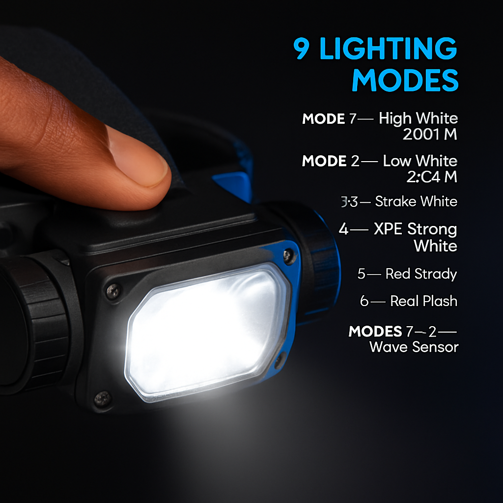 Motion Sensor Headlamp with 9 Lighting Modes