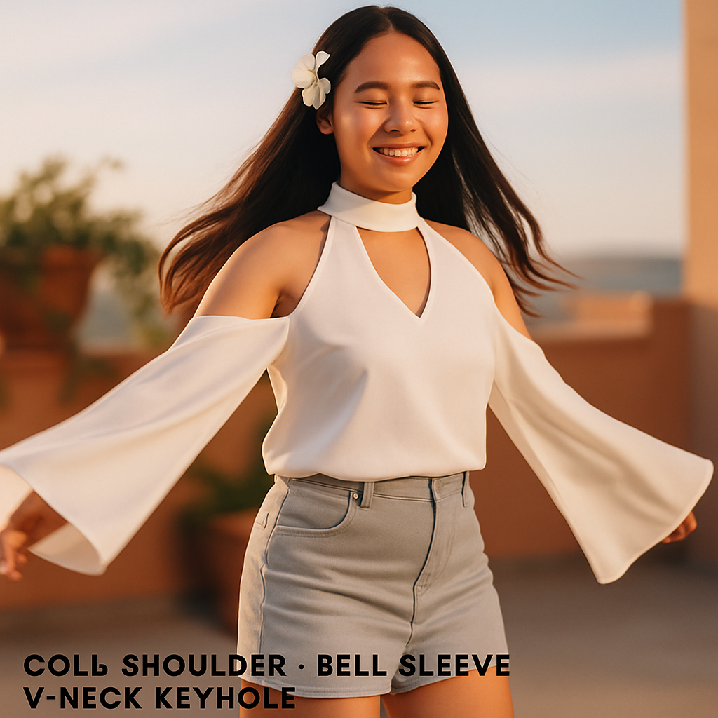 Off-the-Shoulder Blouse with V-Neck and Long Sleeves