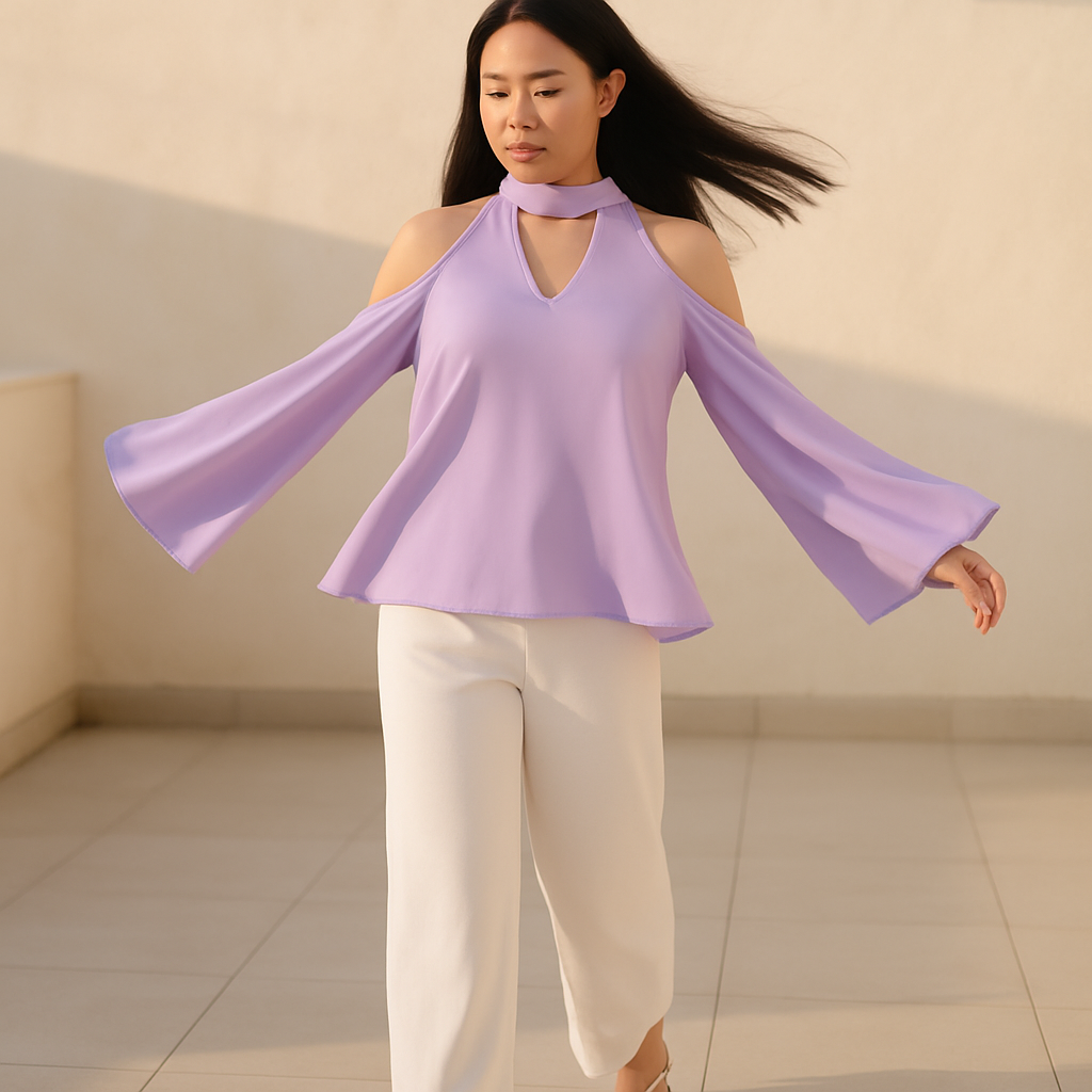 Off-the-Shoulder Blouse with V-Neck and Long Sleeves