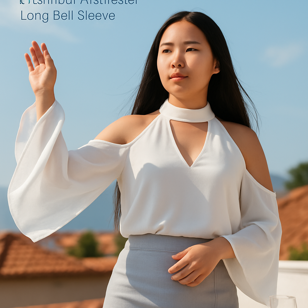 Off-the-Shoulder Blouse with V-Neck and Long Sleeves