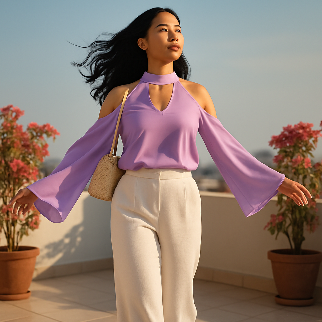 Off-the-Shoulder Blouse with V-Neck and Long Sleeves