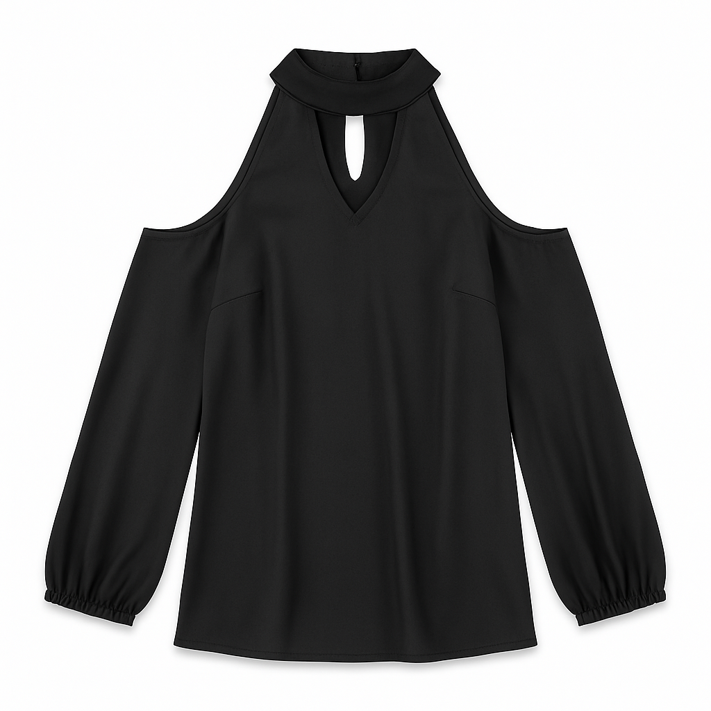 Off-the-Shoulder Blouse with V-Neck and Long Sleeves