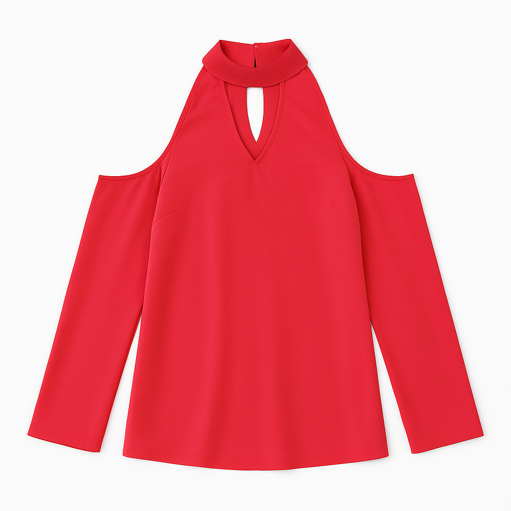 Off-the-Shoulder Blouse with V-Neck and Long Sleeves