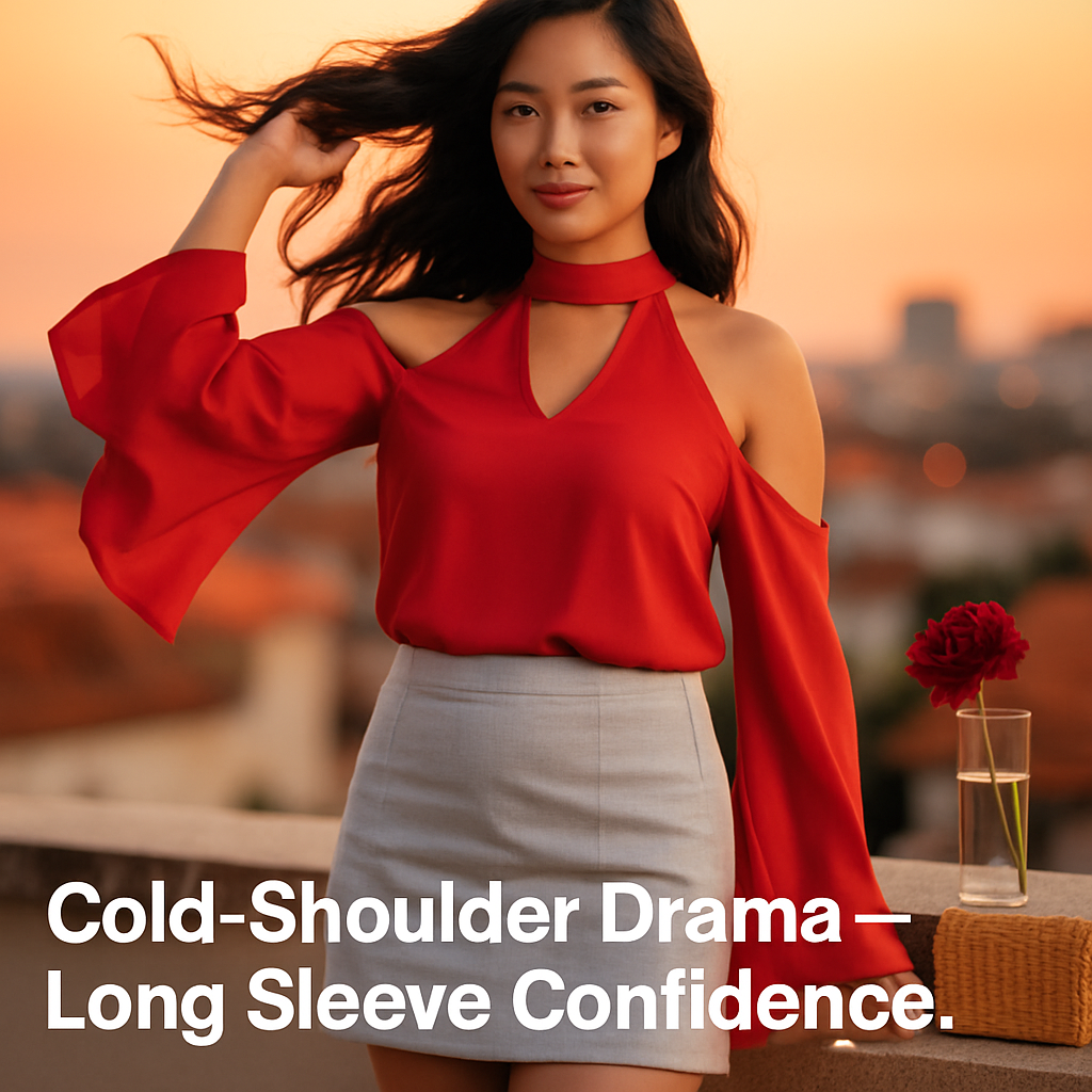 Off-the-Shoulder Blouse with V-Neck and Long Sleeves