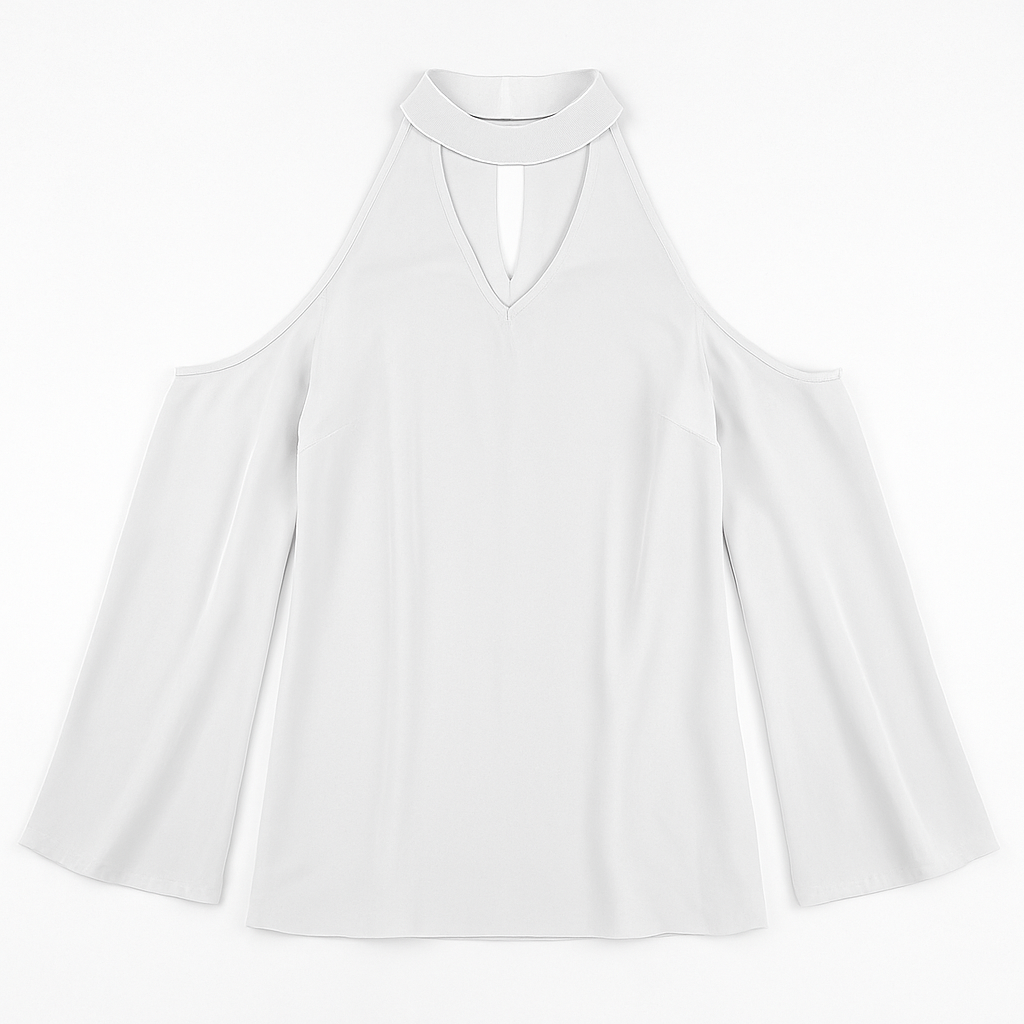 Off-the-Shoulder Blouse with V-Neck and Long Sleeves