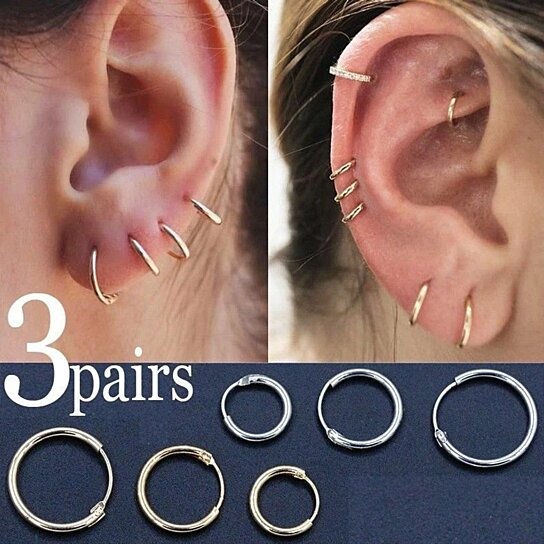 RMZ GOLD NYC Italian White Gold Endless Hoop Earrings (3 Pairs)