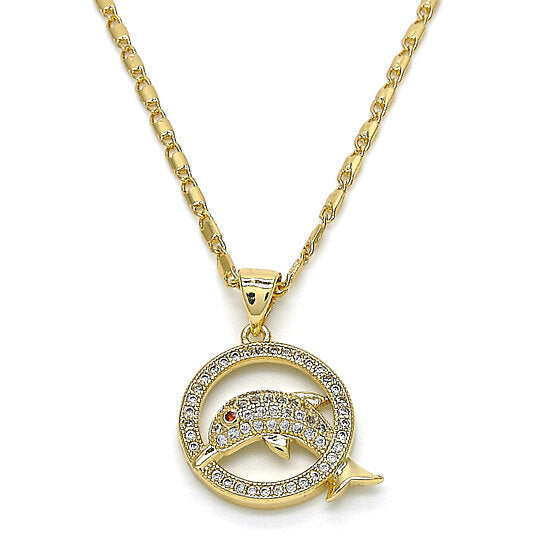 RMZ GOLD NYC Gold Filled High Polish Finish Fancy Necklace, Dolphin Design, with Garnet and White Micro Pave, Polished Finish, Golden Tone