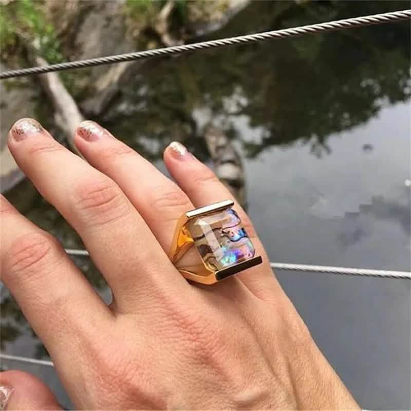 Bague coquillage couleur carré géométrique bohème, bague fantaisie exagérée